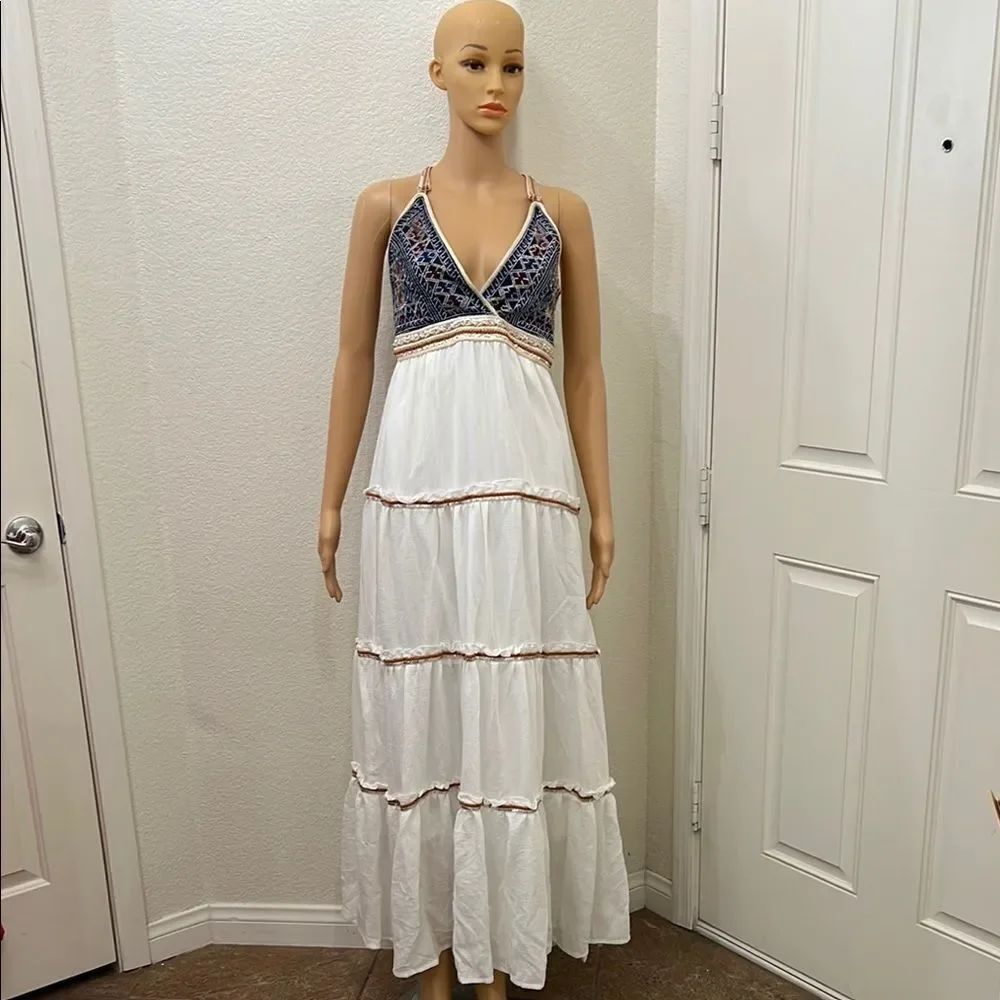 L'ATISTE White Tiered Sundress Maxi Halter Embroidered Sequins Bohemian Pearls